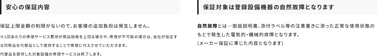安心の保証内容 保証対象は登録設備機器の自然故障となります